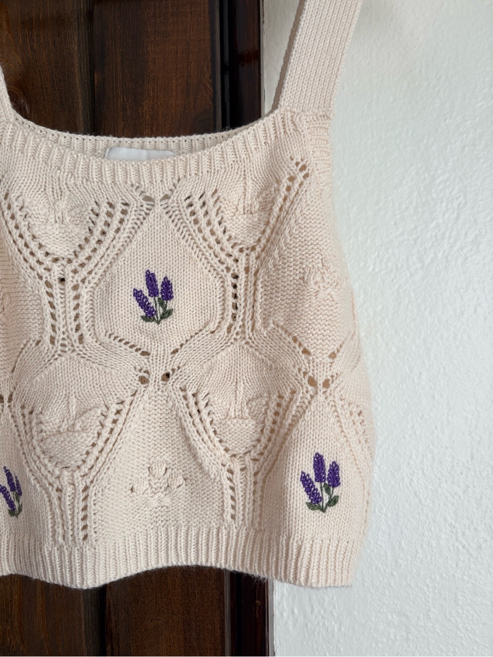 Pink Rose Cream Crochet Tank Top With Embroidered Lavender Flowers 🪻✨ - Picture 2 of 4
